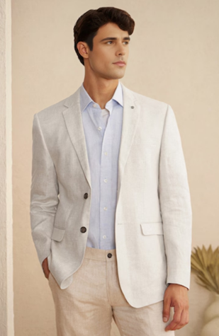 Man wearing a light beige blazer over a pale blue button-up shirt and beige pants, standing against a neutral background.