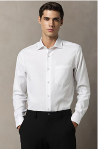 A person wearing a crisp white dress shirt and black pants stands against a neutral background, exuding a formal and professional appearance.