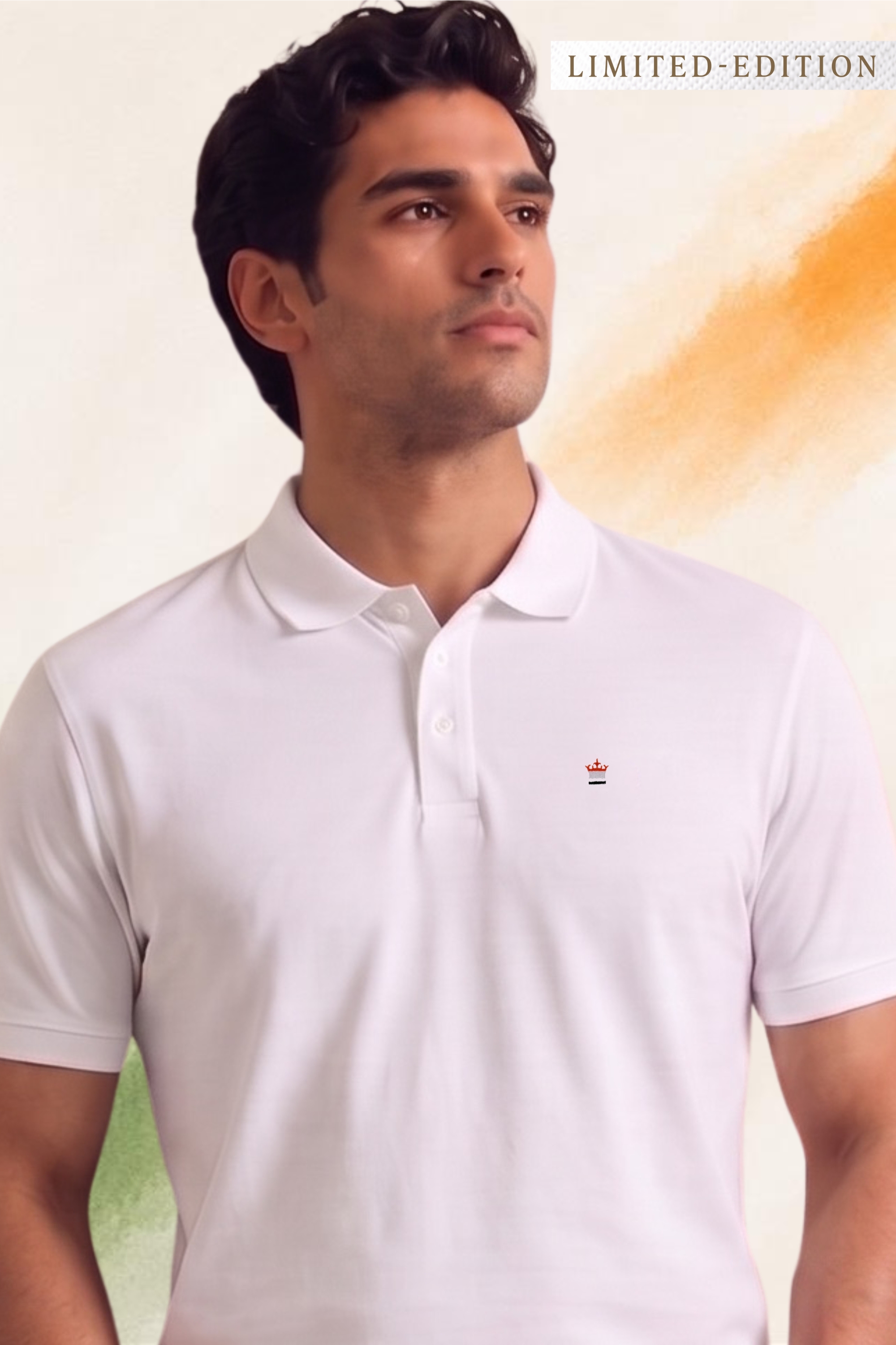 Man wearing a white limited-edition polo shirt with a small embroidered logo on the chest, posing against a light orange and green background.