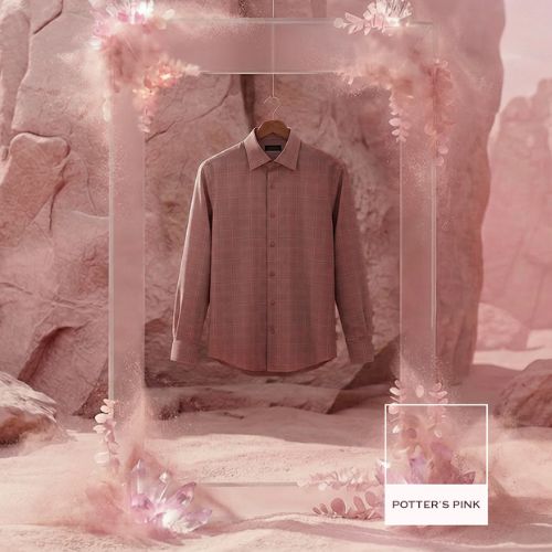 Pink button-up shirt displayed in a floral glass frame against a rocky pink backdrop, labeled “Potter’s Pink.”