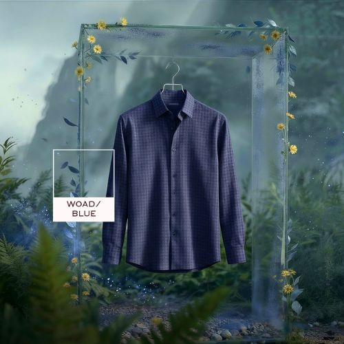Blue plaid button-up shirt hanging in a glass garden display, decorated with wildflowers and labeled “WOAD/BLUE.”