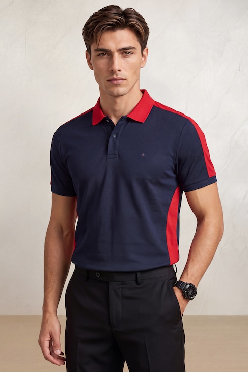 Young man wearing a navy polo shirt with red accents and black trousers, standing against a light wall.