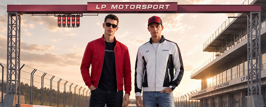 Two men in racing-inspired jackets stand at a racetrack beneath an “LP Motorsport” sign and starting lights.