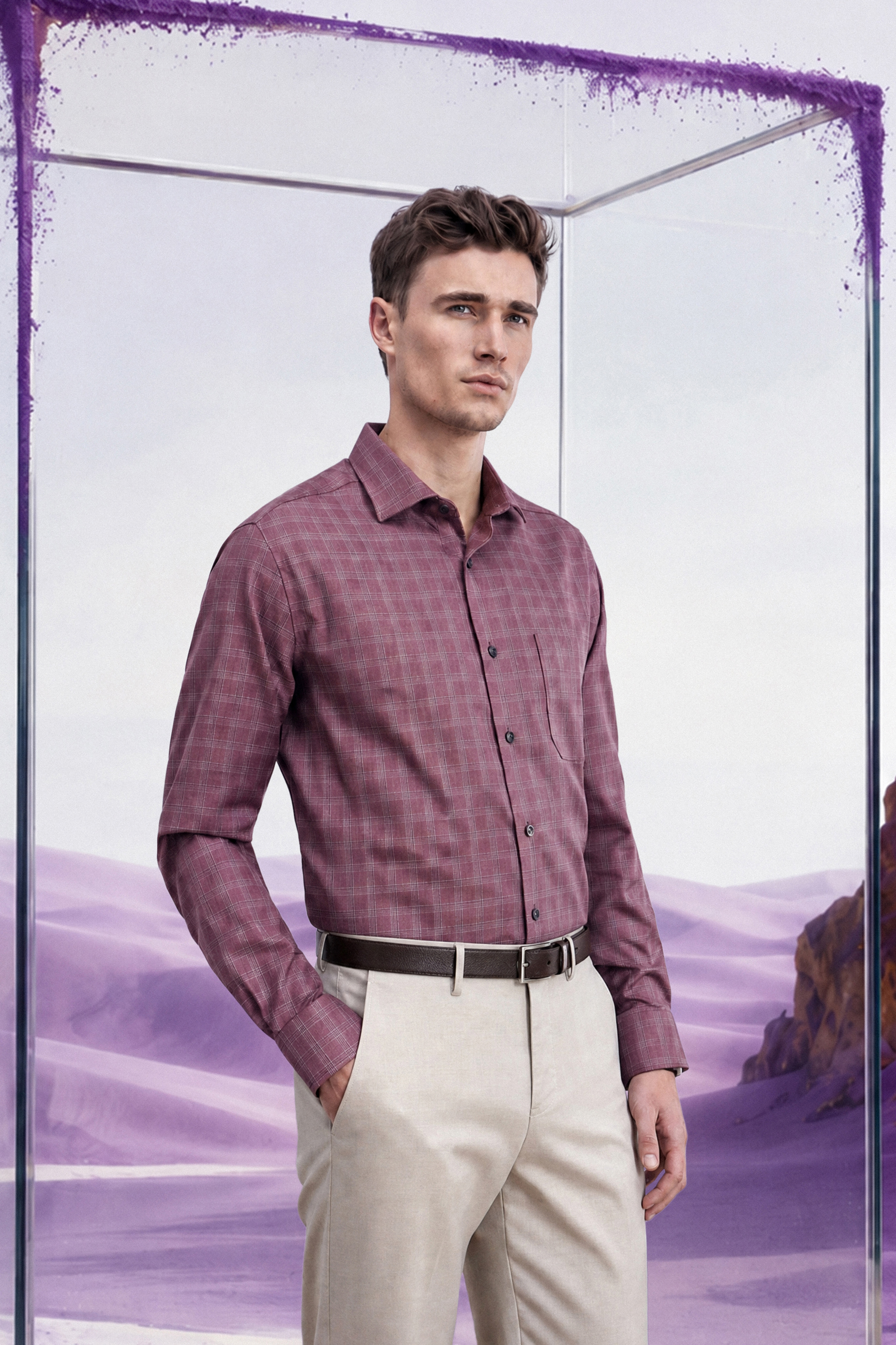 A man in a burgundy plaid shirt and cream trousers stands before a purple desert landscape framed by glass.