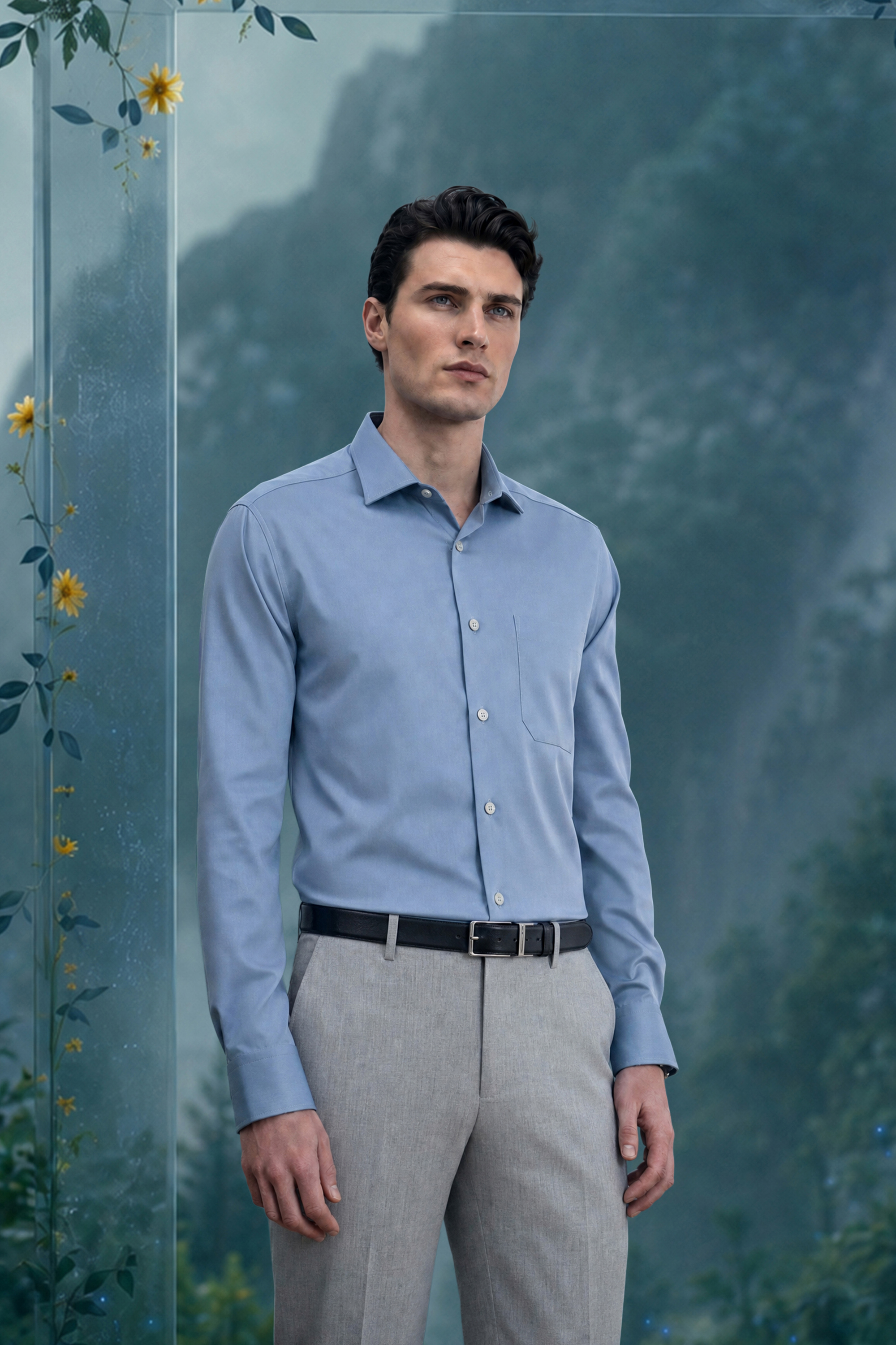A man in a light blue shirt and gray trousers stands before a misty blue background with flowers.