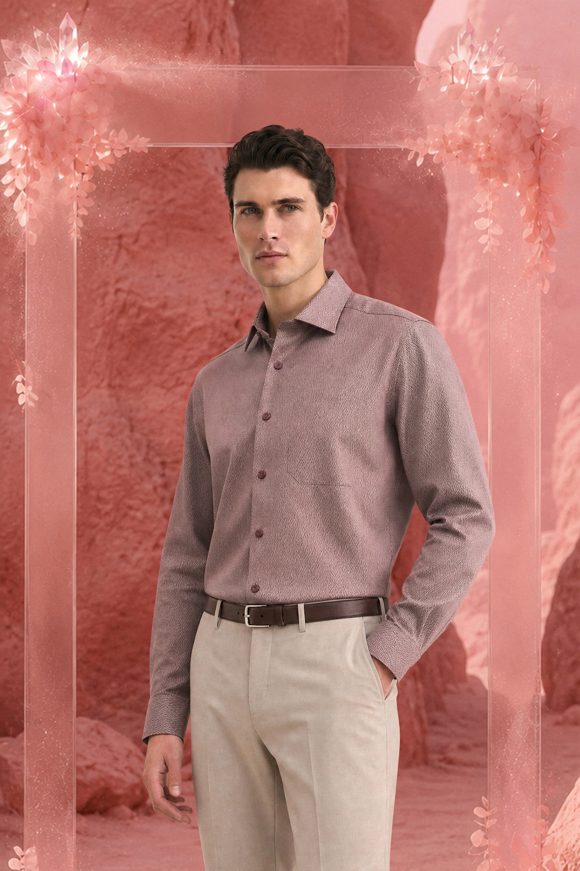 A poised male model wears a mauve button-up shirt, beige trousers, and dark belt against a rose-pink textured backdrop with glowing floral lights.